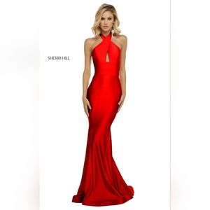 VALENTINE'S DAY Sherri Hill Red Satin Criss-cross Halter Mermaid Size 2